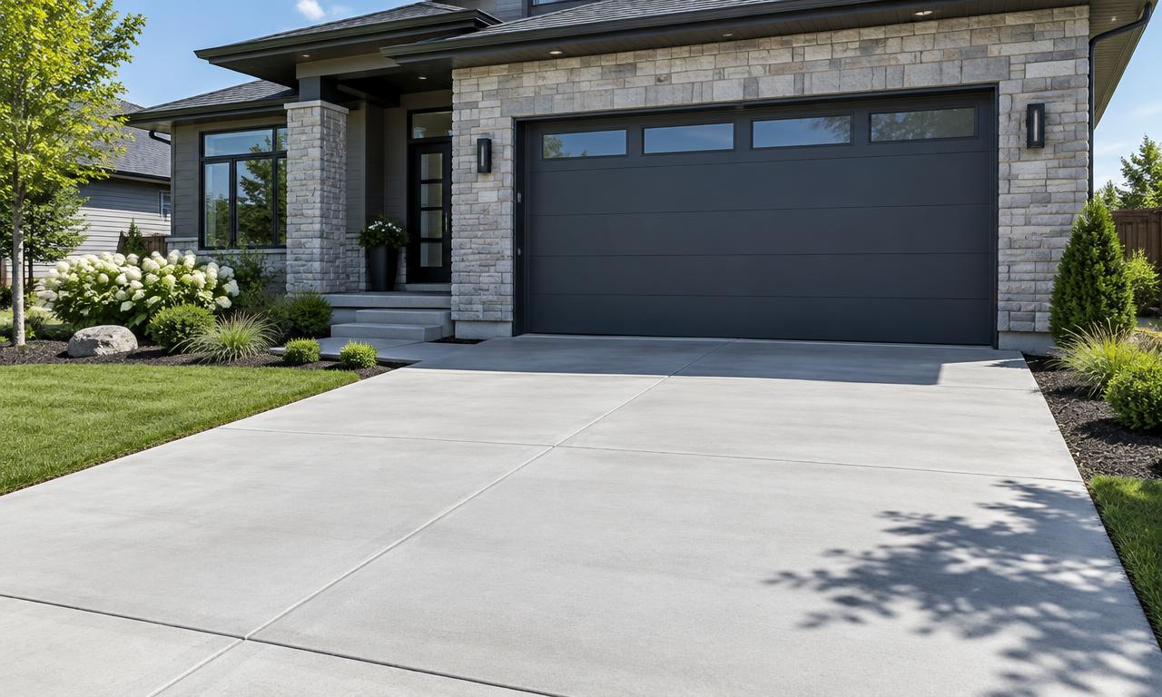 Finished concrete driveway in front of a modern home with a dark garage