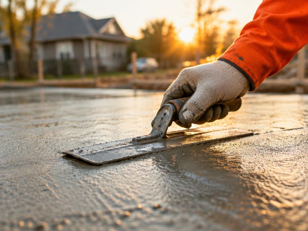 Gloved hand smoothing fresh concrete with a trowel