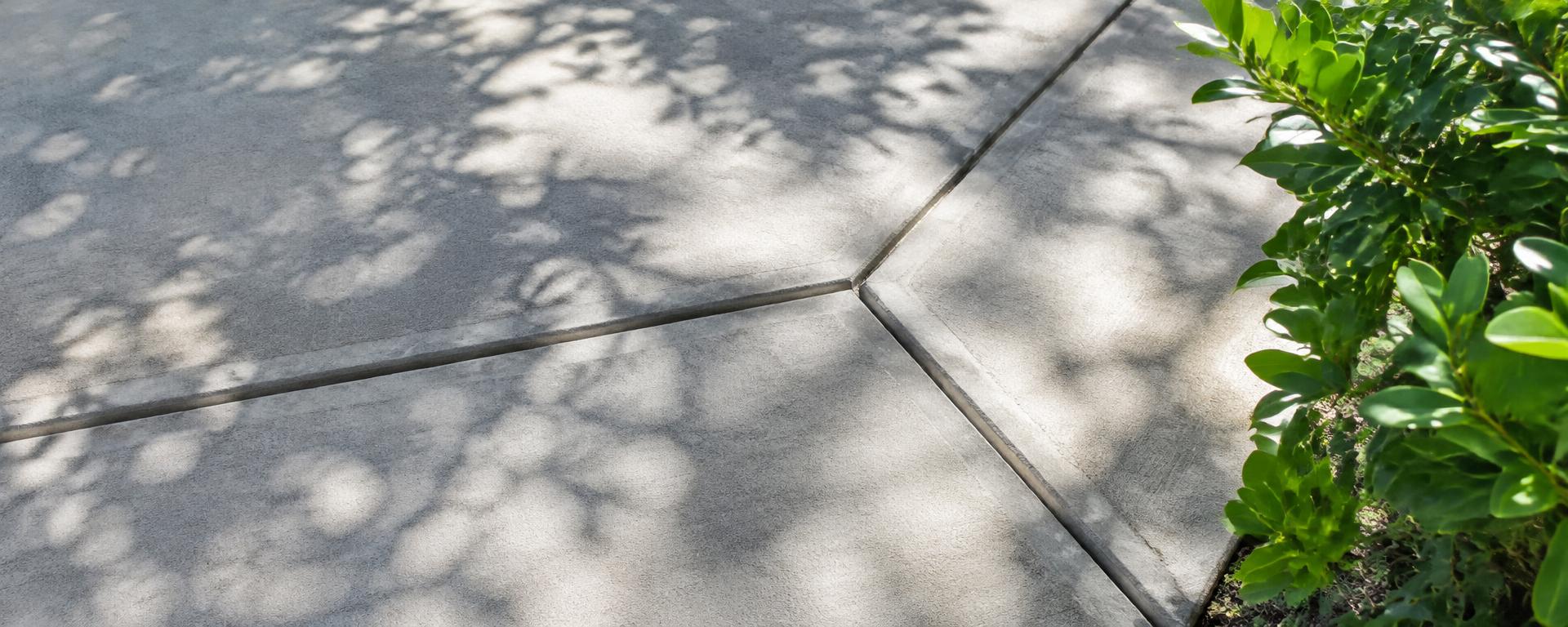 Finished concrete slabs with intersecting joints and leaf shadows
